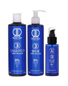 3 Produkter - Rosted 3-3-3 Anti Yellow Pakke - Rosted 3 Anti–Yellow Shampoo 400 ml - Rosted 3 Mask 300 ml - Rosted Blond Serum 100 ml