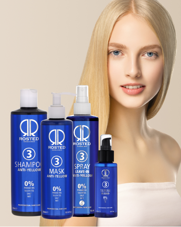 4 Produkter - Rosted 3-3-3-3 - Rosted 3 Shampoo 400 ml - Rosted 3 Mask 300 ml - Rosted 3 Spray 300 ml – Rosted 3 Blond Serum 100 ml