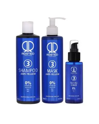 3 Produkter - Rosted 3-3-3 Anti Yellow Pakke - Rosted 3 Anti–Yellow Shampoo 400 ml - Rosted 3 Mask 300 ml - Rosted Blond Serum 100 ml - Håndplukket